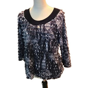 I.N. Studio Women’s Large Black Gray Textured Layered Burnout Blouse 3/4 Sleeve